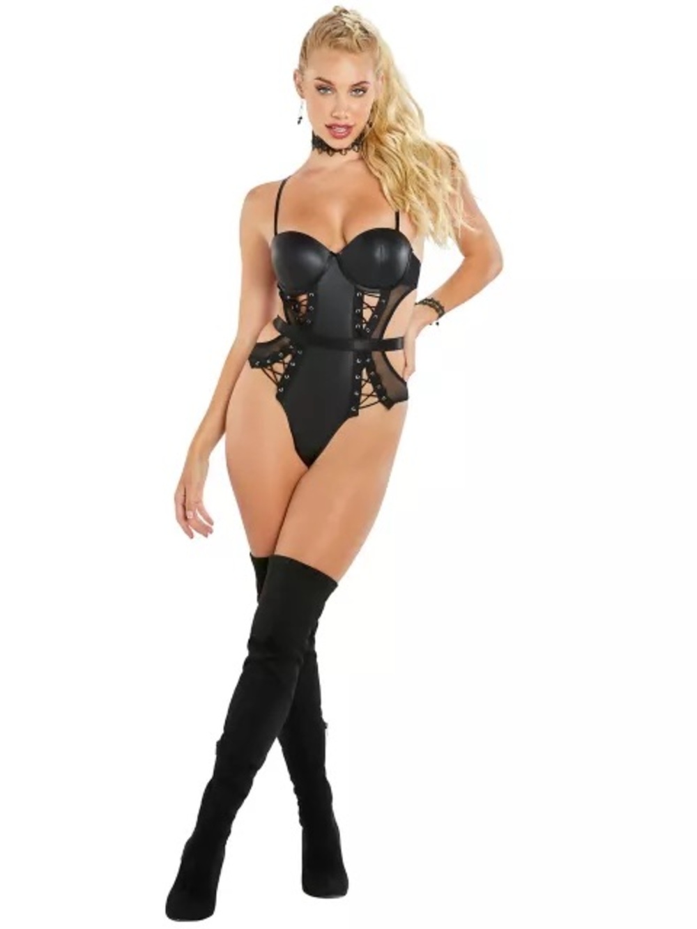 Body Rage Pleather Mesh Lace Up Teddy Bodysuit